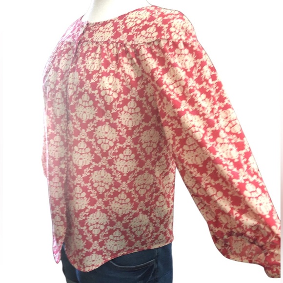 Ann Taylor LOFT Pink Ivory Damask Floral Long Sleeve Button Front Blouse - Picture 4 of 8